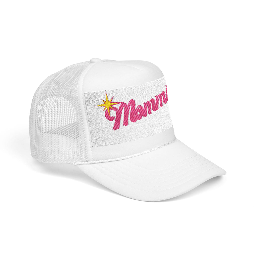 Mommin' Sequin Foam Trucker Hat — Retro Pink Script Mom Cap