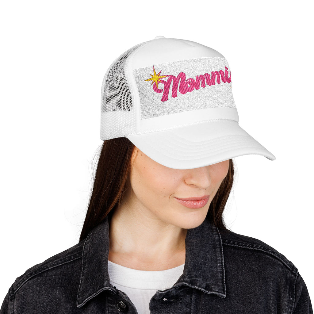 Mommin' Sequin Foam Trucker Hat — Retro Pink Script Mom Cap