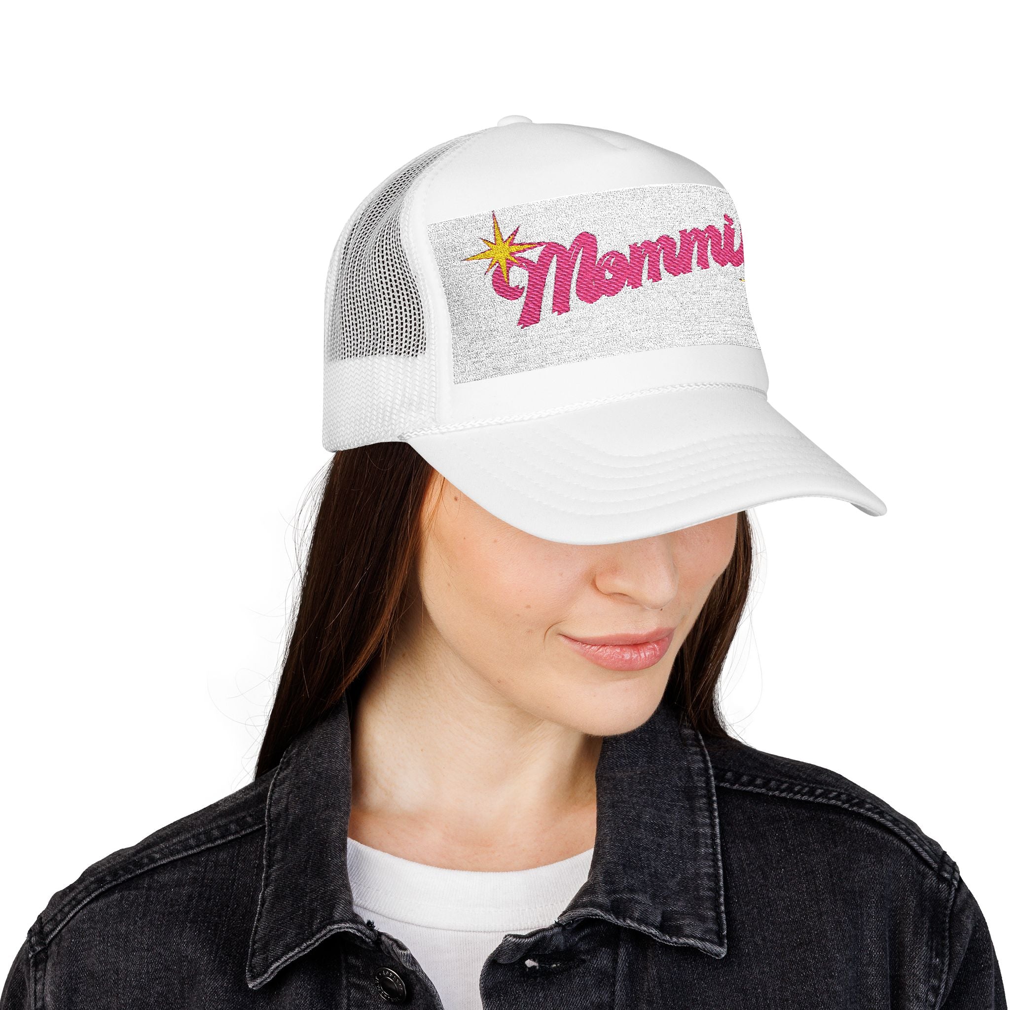 Mommin' Sequin Foam Trucker Hat — Retro Pink Script Mom Cap