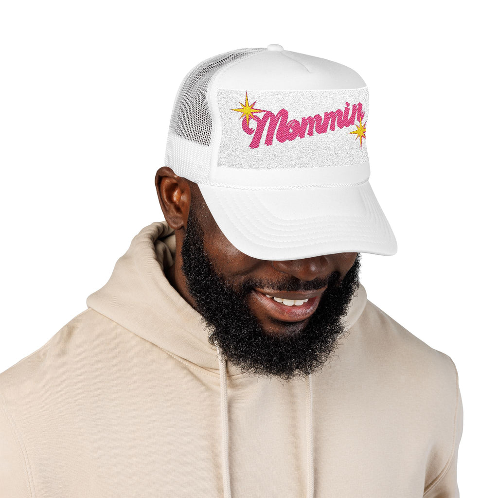 Mommin' Sequin Foam Trucker Hat — Retro Pink Script Mom Cap