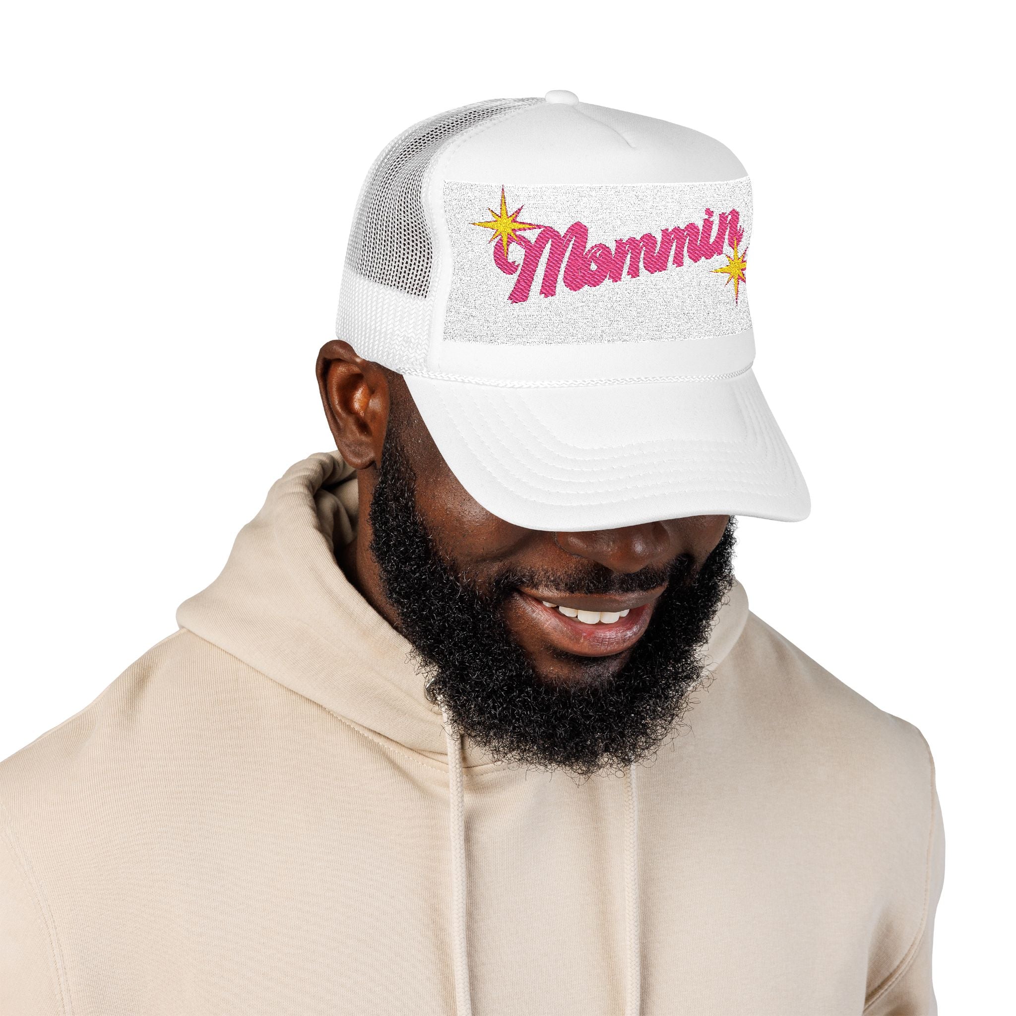 Mommin' Sequin Foam Trucker Hat — Retro Pink Script Mom Cap