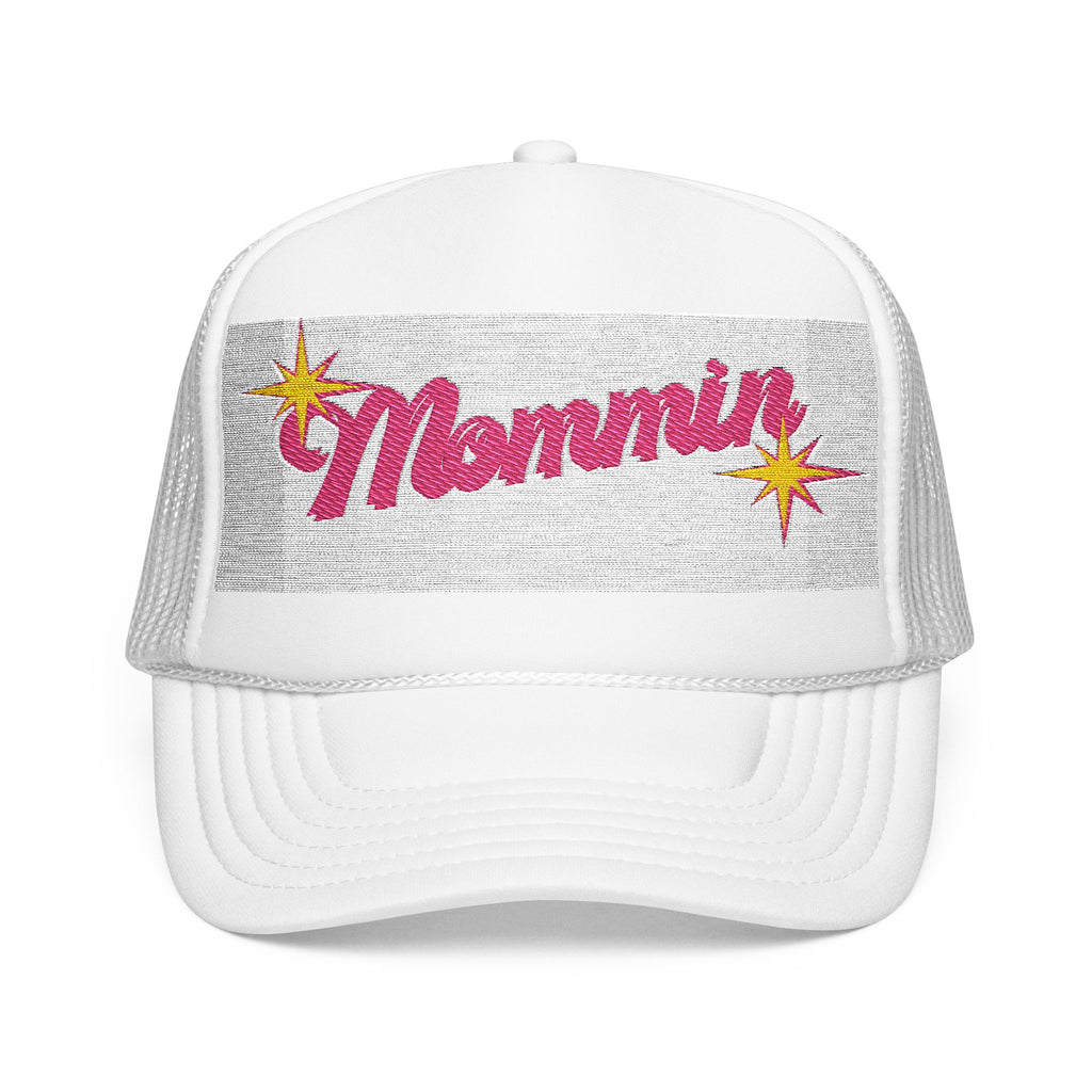 Mommin' Sequin Foam Trucker Hat — Retro Pink Script Mom Cap