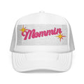 Mommin' Sequin Foam Trucker Hat — Retro Pink Script Mom Cap