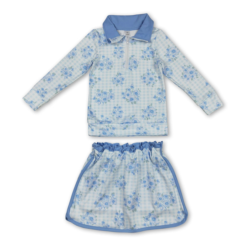 Long sleeves light blue floral pullover skirt girls clothes