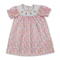 Short sleeves pink floral rabbit smocked girl Easter dress
