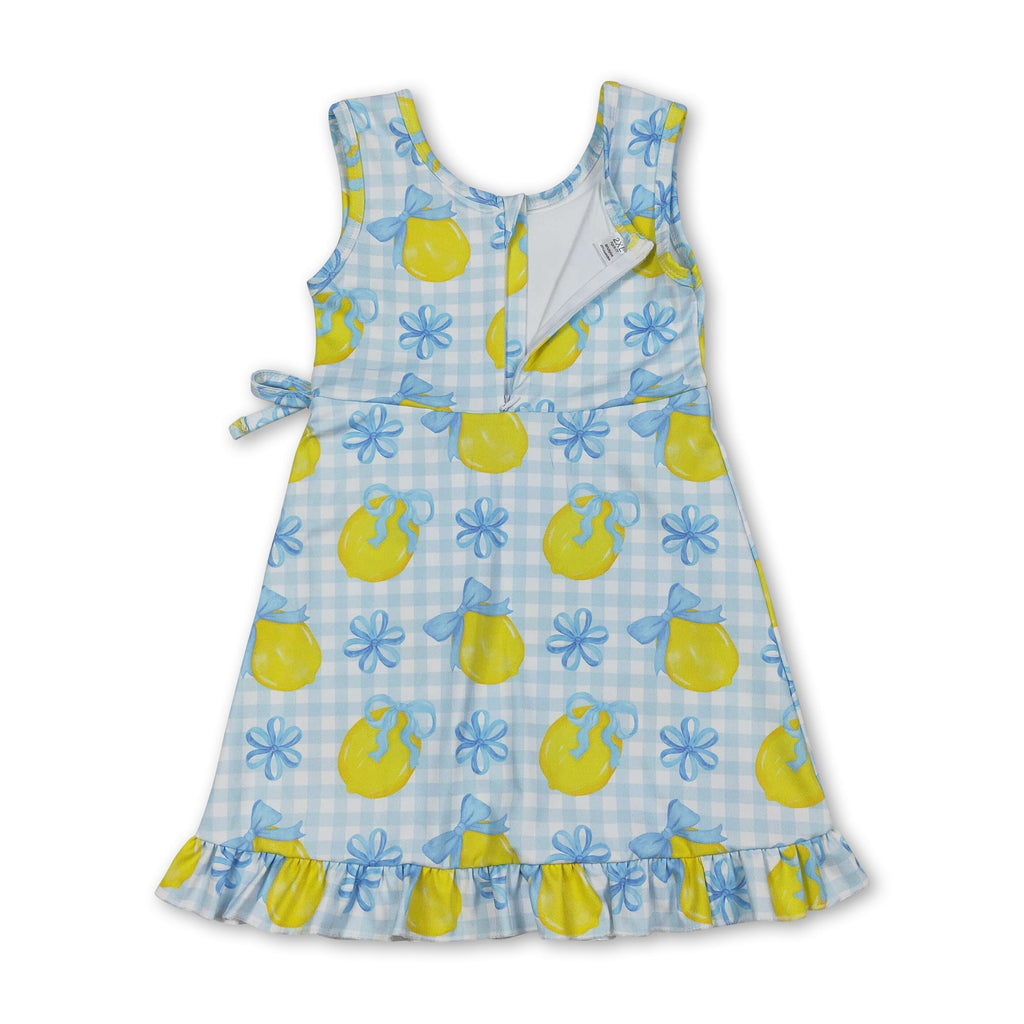 Sleeveless light blue plaid bow lemon girls summer athletic dress