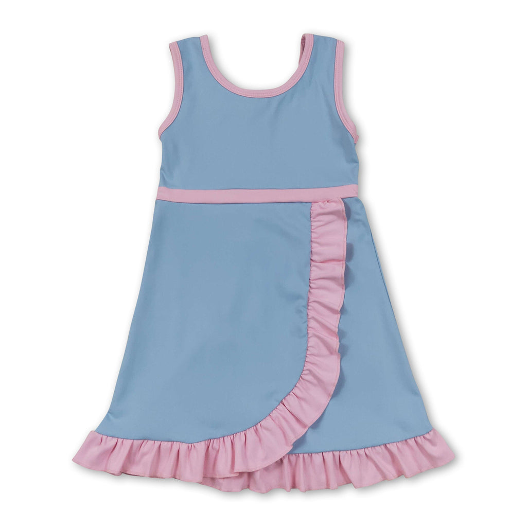 Sleeveless light blue pink ruffle girls athletic dress