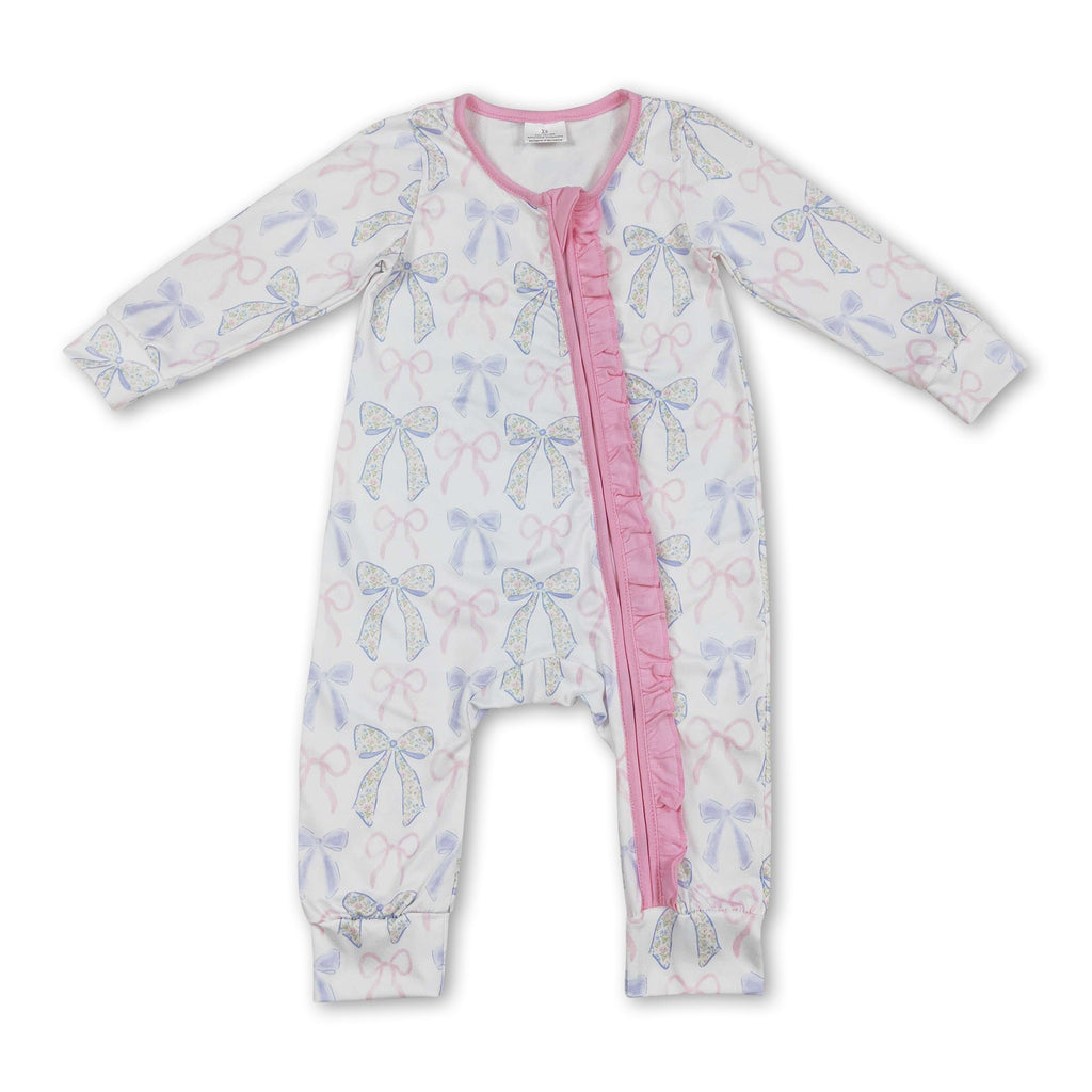 Long sleeves pink ruffle bow baby girls zipper romper