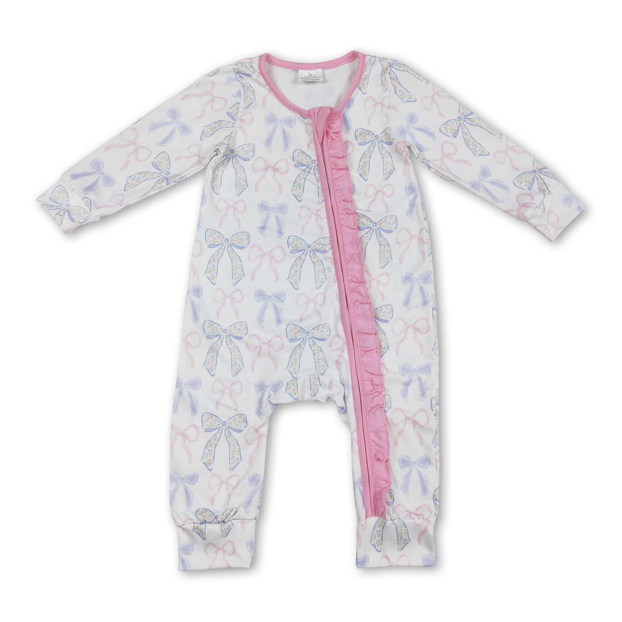 Long sleeves pink ruffle bow baby girls zipper romper