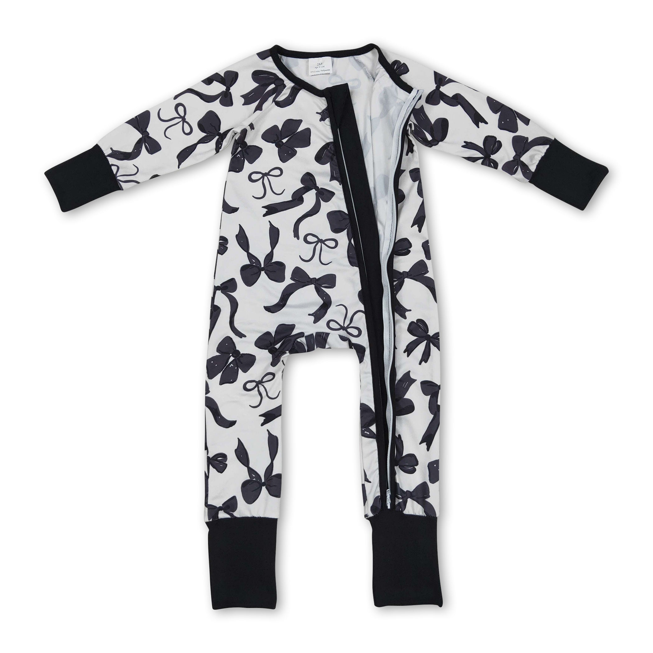 Long sleeves black bows baby girls zipper romper