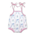 Pink straps floral light blue bow baby girls romper