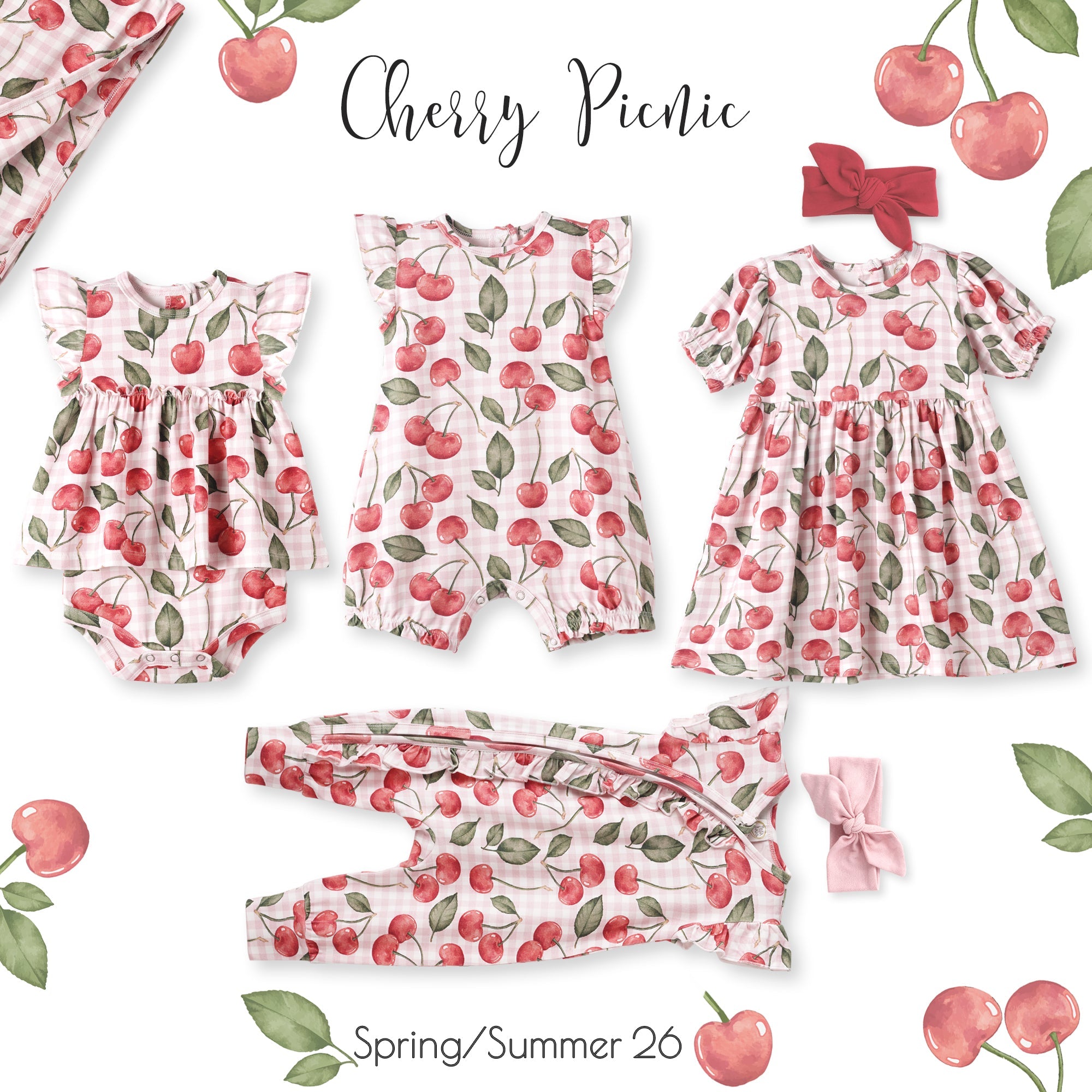 Cherry Picnic Baby Girl Romper – Soft Bamboo Zipper Pajamas